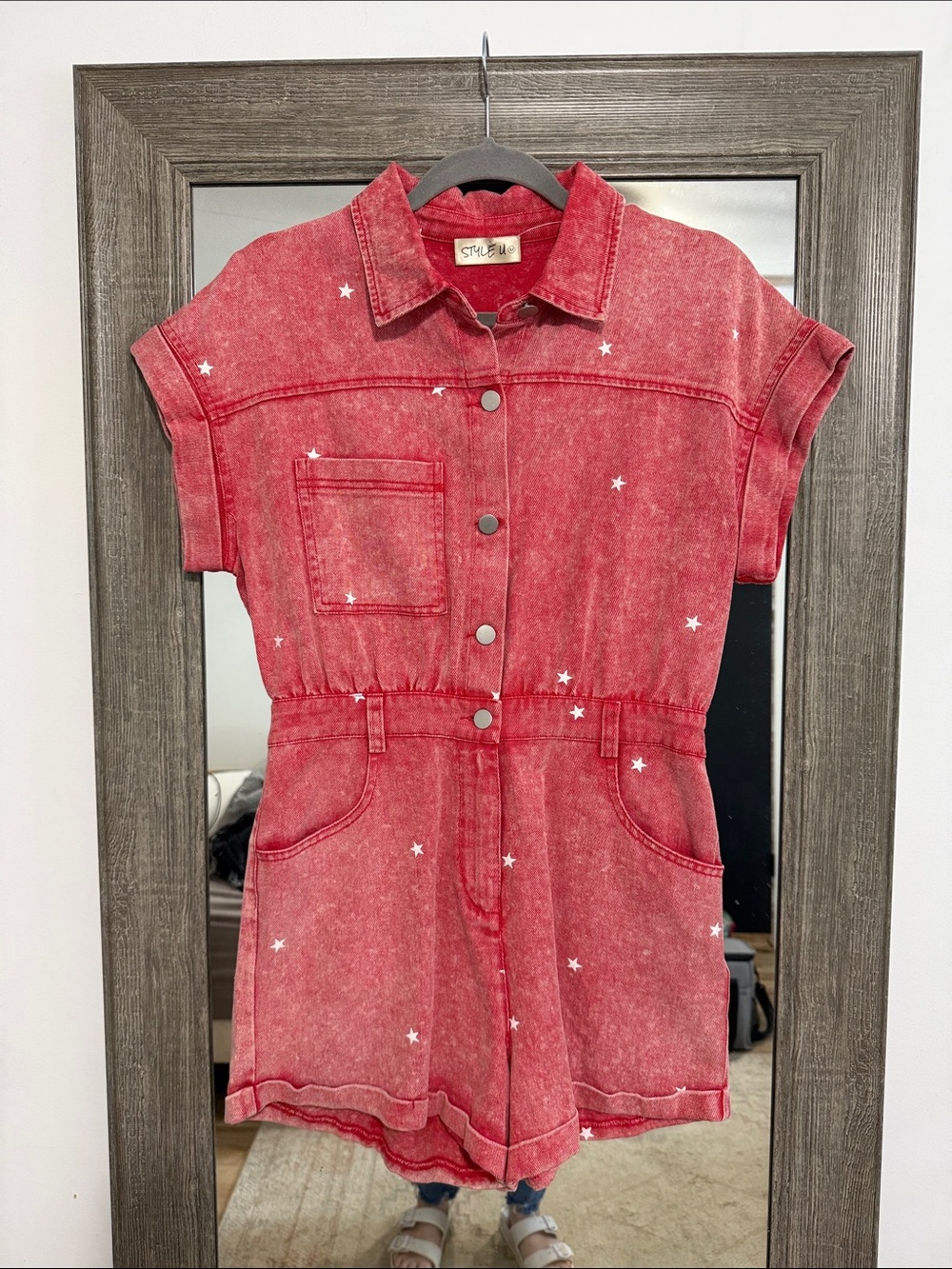 Red Star-Print Button Front Short Romper
